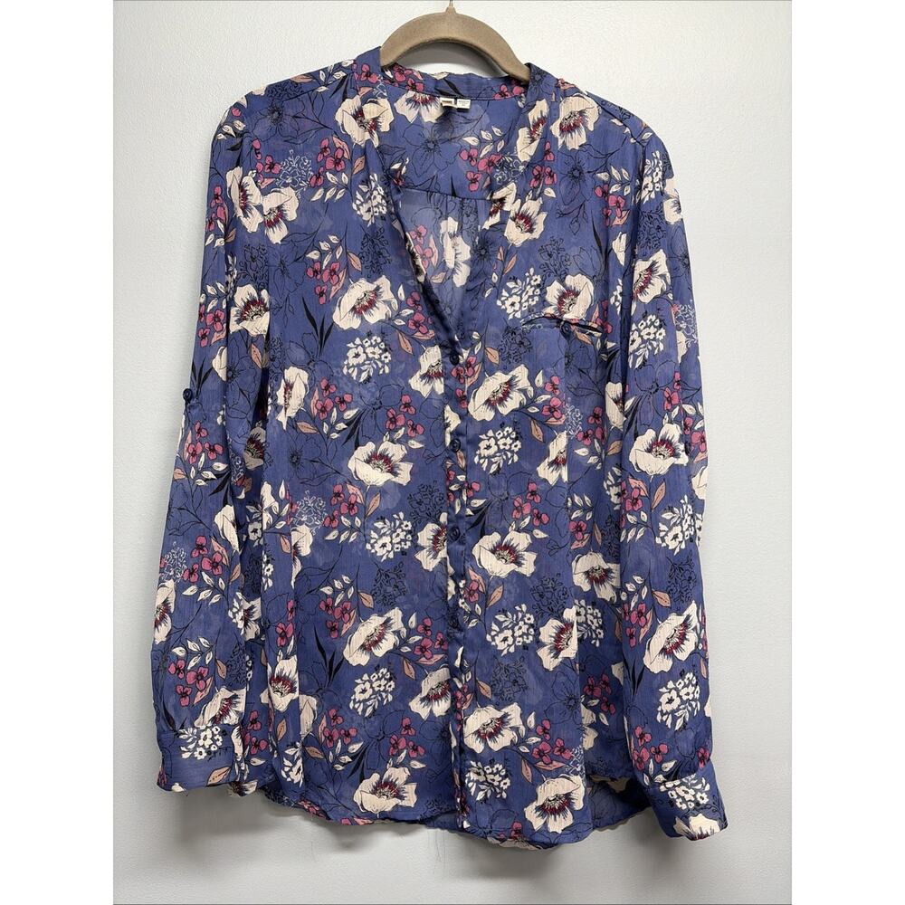 Kut from the Kloth Shirt Women’s Medium- Floral Sheer Roll Tab Sleeve Top Blouse